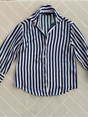 Zara Satin Textured Navy White Stripe Button-Down Shirt Women’s Size XS